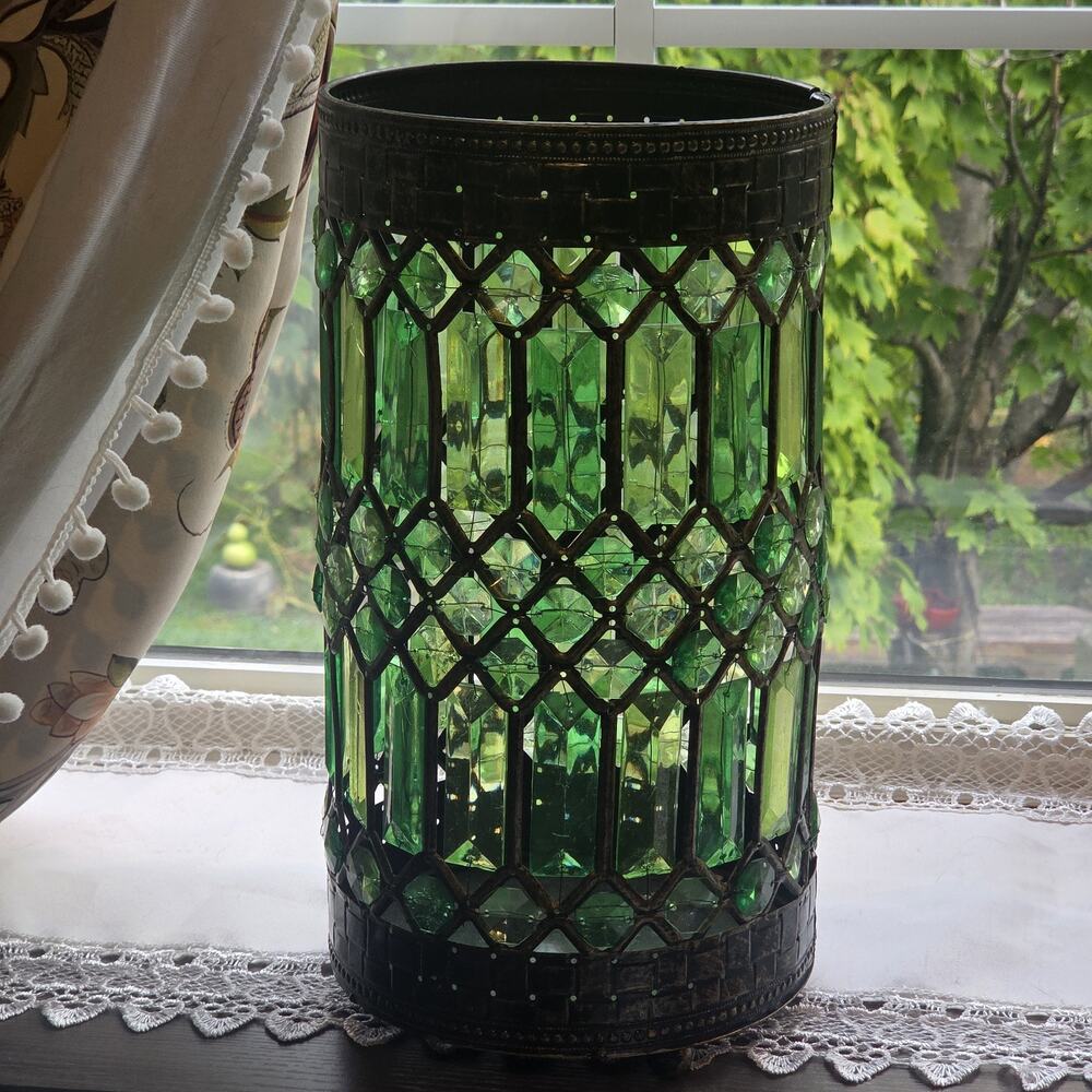 Pier 1 Gem Caravan Antique Bronze Tone Green Beaded Hurricane Candle Holder
